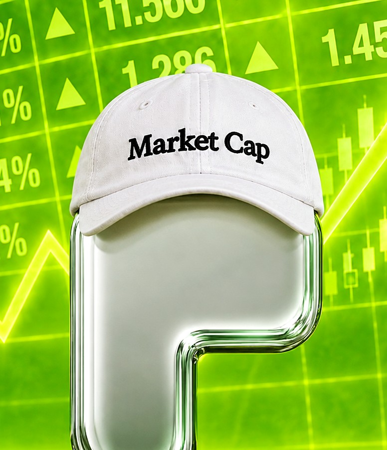 Close-up of the glass P wearing the Market Cap hat
